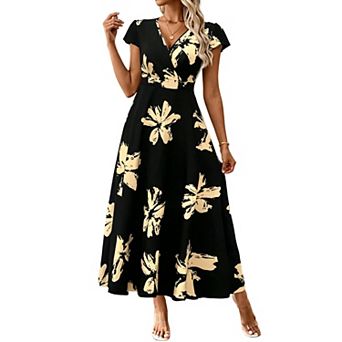 Women's V-Neck Floral Maxi Dress, Cap Sleeve A-Line Flowy Casual Long Dress