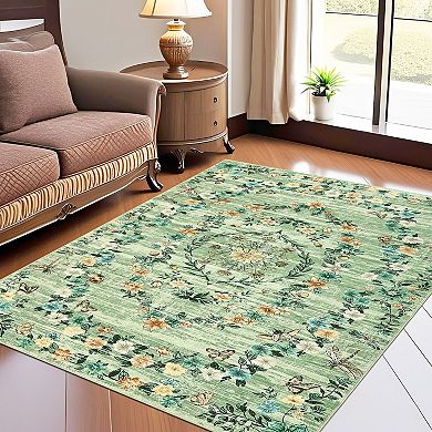 Polyester Rectangular Hallway Bathroom Entryway Kitchen Office Foldable Flower Printed Washable Rug