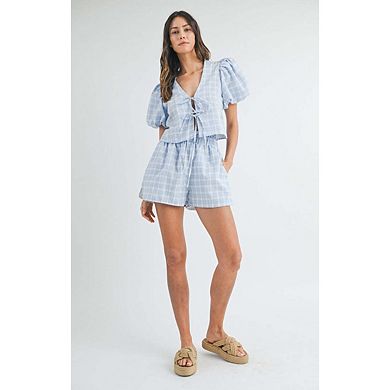 Women's Plaid 2-Piece Set, Puff Sleeve Tie-Front Crop Top & Elastic Waist Shorts