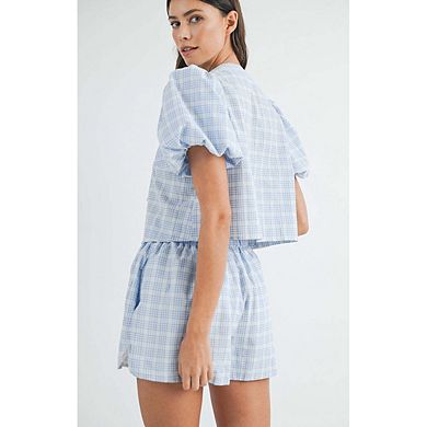 Women's Plaid 2-Piece Set, Puff Sleeve Tie-Front Crop Top & Elastic Waist Shorts