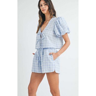 Women's Plaid 2-Piece Set, Puff Sleeve Tie-Front Crop Top & Elastic Waist Shorts