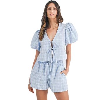 Women's Plaid 2 pc Set, Puff Sleeve Tie-Front Crop Top & Elastic Waist Shorts