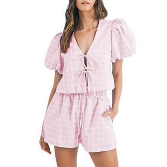 Women's Plaid 2 pc Set, Puff Sleeve Tie-Front Crop Top & Elastic Waist Shorts