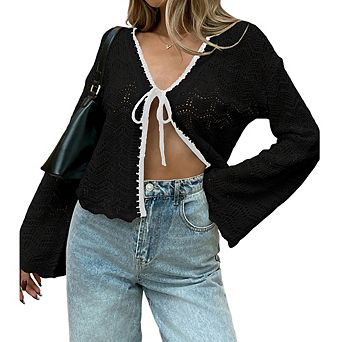 Women Hollow Out Knit Cardigan V Neck Tie Front Long Sleeve Cropped Lightweight Casual Wave Knit Top