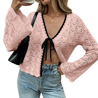 Women Hollow Out Knit Cardigan V Neck Tie Front Long Sleeve Cropped Lightweight Casual Wave Knit Top