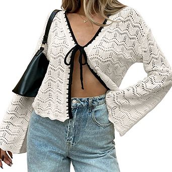 Women Hollow Out Knit Cardigan V Neck Tie Front Long Sleeve Cropped Lightweight Casual Wave Knit Top