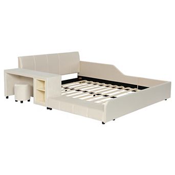 Pnronnc Velvet Grounded Bed, Mother & Child Platform Bed with Bedside Desk and Little Round Stool