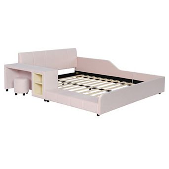 Pnronnc Velvet Grounded Bed, Mother & Child Platform Bed with Bedside Desk and Little Round Stool