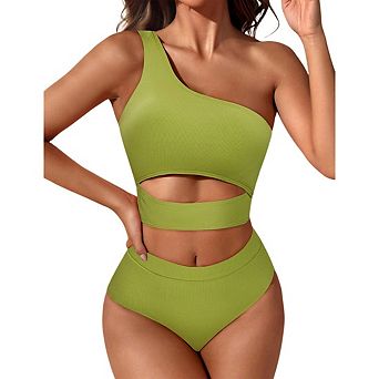Women's Ribbed Bikini Sets One Shoulder Two Piece Bathing Suit
