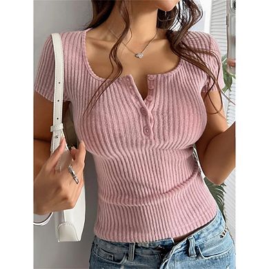 Women's V-Neck Ribbed Knit Henley T-Shirt Short Sleeve Casual Button Basic Top