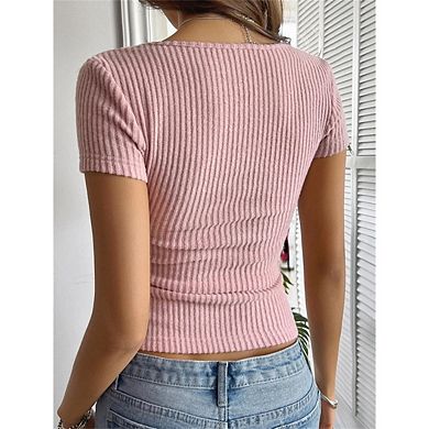 Women's V-Neck Ribbed Knit Henley T-Shirt Short Sleeve Casual Button Basic Top