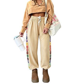 Womens Wide Leg Jogger Pants Y2K Stretch Drawstring Loose Crochet Panel Trousers
