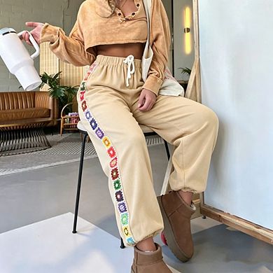 Womens Wide Leg Jogger Pants Y2K Stretch Drawstring Loose Crochet Panel Trousers