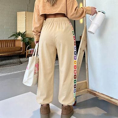 Womens Wide Leg Jogger Pants Y2K Stretch Drawstring Loose Crochet Panel Trousers