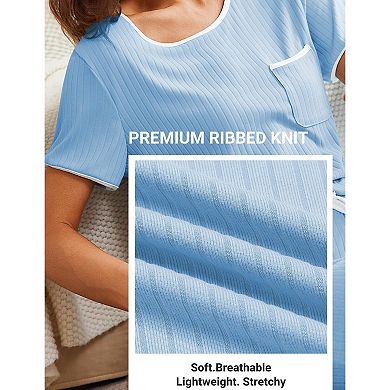 Ekouaer Womens Pajama Set Soft Shorts Pjs Summer Two Piece Casual Lounge Sets with Drawstring