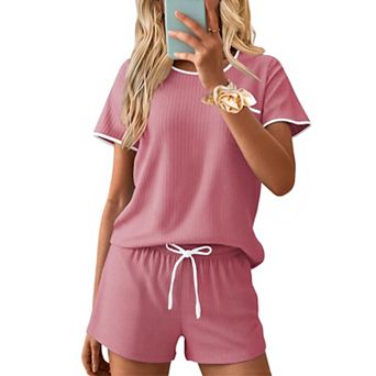 Ekouaer Womens Pajama Set Soft Shorts Pjs Summer Two Piece Casual Lounge Sets with Drawstring