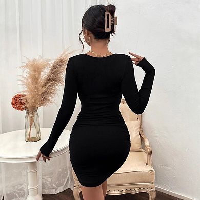 Women's Long Sleeve Mini Dresses Sweetheart Neck Ruched Bodycon Solid Color Dress