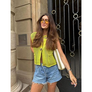 Women's Short Hollow Out Vest with Pockets Sleeveless Fashion Button Down Vest