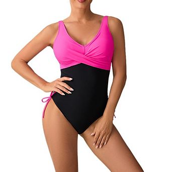 Women's Cross Front One-Piece Swimsuit Adjustable Tied Back Side Drawstring Bathing Suit