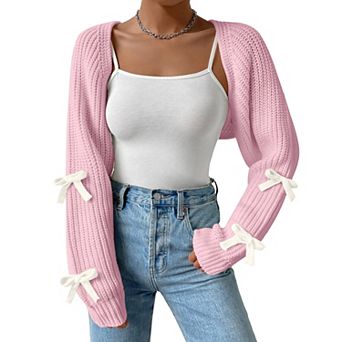 Women Knit Cropped Shrug Bow Tie Long Sleeve Cardigan
