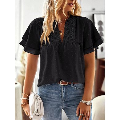 Women Plus Size T Shirt Casual Ruffle Sleeve V Neck Top