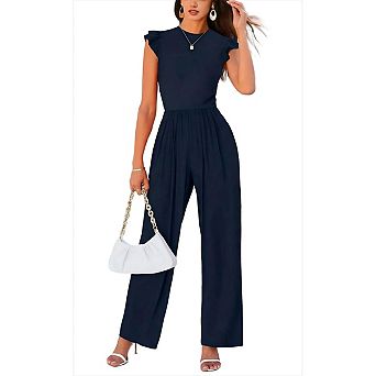 Summer Dressy Romper for Women, Ruffle Cap Sleeve Crew Neck Rib Knit One Piece Jumpsuit