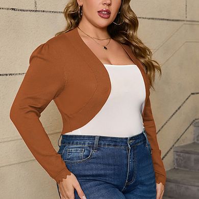 Plus Size Knit Cardigan Long Sleeve Open Front Cropped Bolero Jacket Elegant Lightweight Outerwear