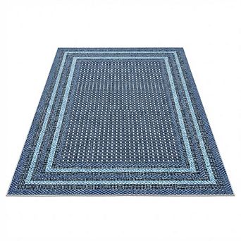 Geometric Bordered Washable Area Rug - Non Slip Low Pile Carpet for Living Room Bedroom Office