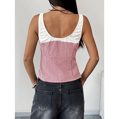 Women's Gingham Tank Top Square Neck Cami Tie Front Sleeveless Blouse Summer Tops