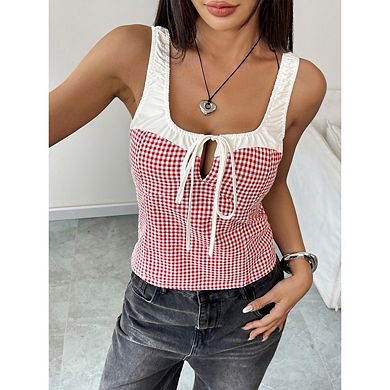 Women's Gingham Tank Top Square Neck Cami Tie Front Sleeveless Blouse Summer Tops