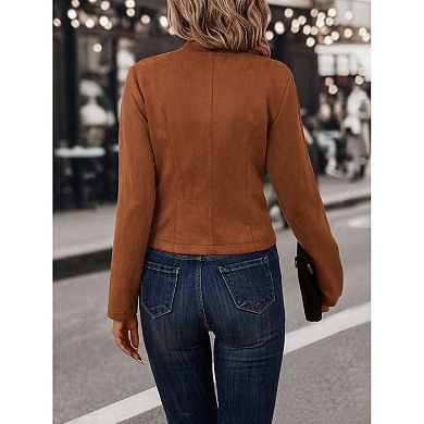 Women Casual Faux Suede Jacket Double Breasted Long Sleeve Coat