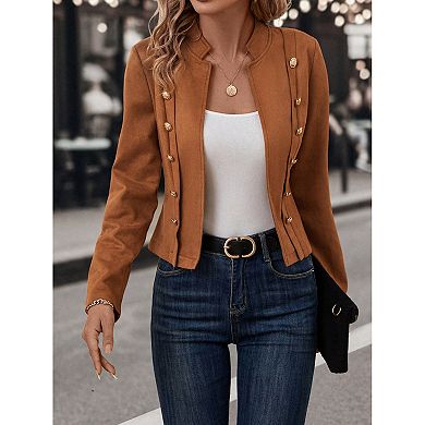Women Casual Faux Suede Jacket Double Breasted Long Sleeve Coat
