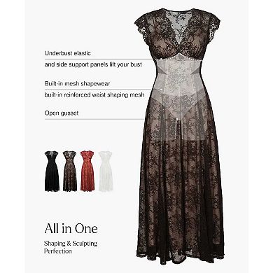 Popilush Shapewear Boho Floral Lace Front Slit Maxi Wedding Dress