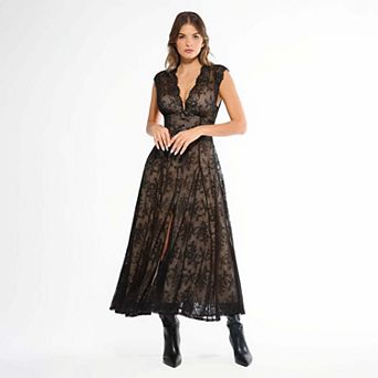Popilush Shapewear Boho Floral Lace Front Slit Maxi Wedding Dress