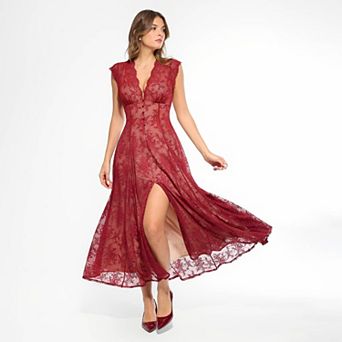 Popilush Shapewear Boho Floral Lace Front Slit Maxi Wedding Dress