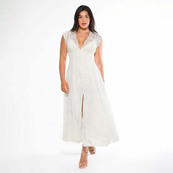 Popilush Shapewear Boho Floral Lace Front Slit Maxi Wedding Dress