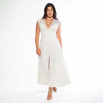 Popilush Women's Shapewear Boho Floral Lace Front Slit Maxi Dress - White