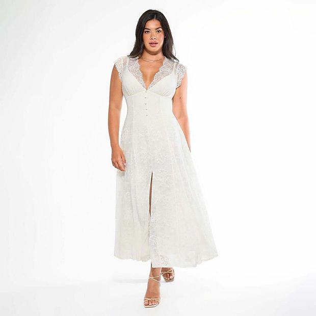 long white dress v neck Sheer-Sleeved Deep V-Neck Wedding Dress with Floral Accents and Graceful Train Custom Made