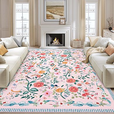 Oriental Floral Rug Non-Shedding Low Pile Machine Washable Carpet for Living Room