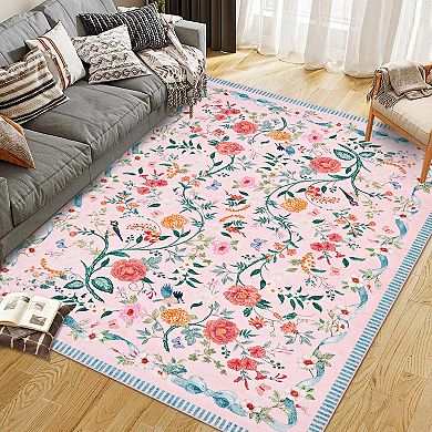 Oriental Floral Rug Non-Shedding Low Pile Machine Washable Carpet for Living Room