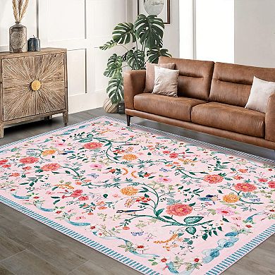 Oriental Floral Rug Non-Shedding Low Pile Machine Washable Carpet for Living Room