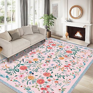 Oriental Floral Rug Non-Shedding Low Pile Machine Washable Carpet for Living Room