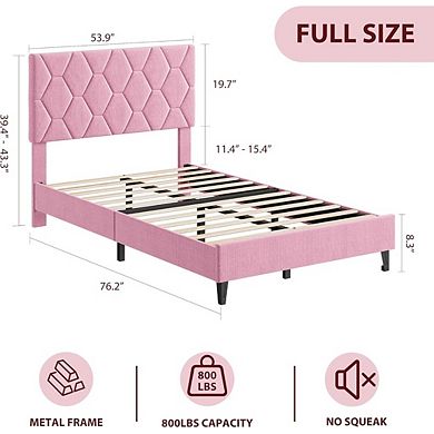 Bed Frame with Upholstered Headboard, Heavy-Duty Platform Bed Frame with Adjustable Headboard