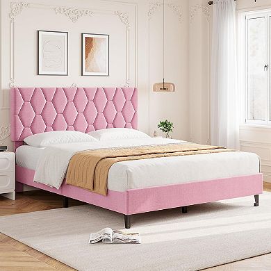 Bed Frame with Upholstered Headboard, Heavy-Duty Platform Bed Frame with Adjustable Headboard
