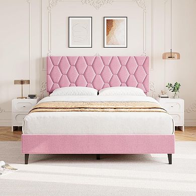 Bed Frame with Upholstered Headboard, Heavy-Duty Platform Bed Frame with Adjustable Headboard