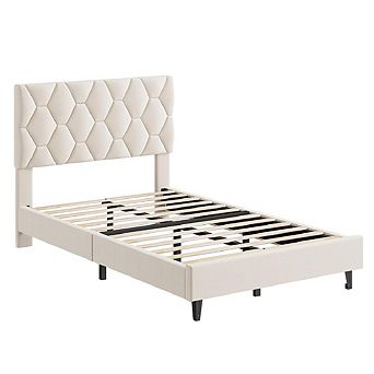 Bed Frame with Upholstered Headboard, Heavy-Duty Platform Bed Frame with Adjustable Headboard