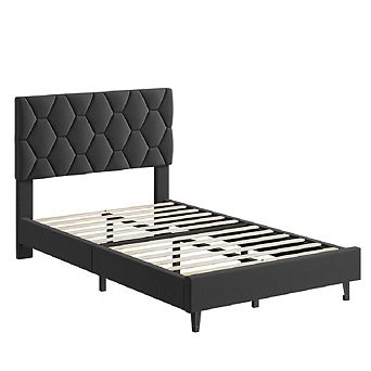 Bed Frame with Upholstered Headboard, Heavy-Duty Platform Bed Frame with Adjustable Headboard