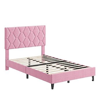 Bed Frame with Upholstered Headboard, Heavy-Duty Platform Bed Frame with Adjustable Headboard