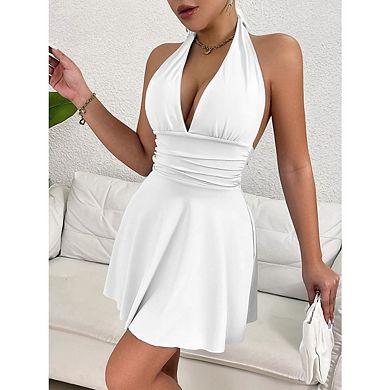 Women's Summer Halter V Neck Dresses Flowy Backless Mini A-Line Trendy Dress