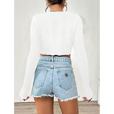 Women Crochet Cropped Cardigan Casucal Tie Front Shrug Sweater